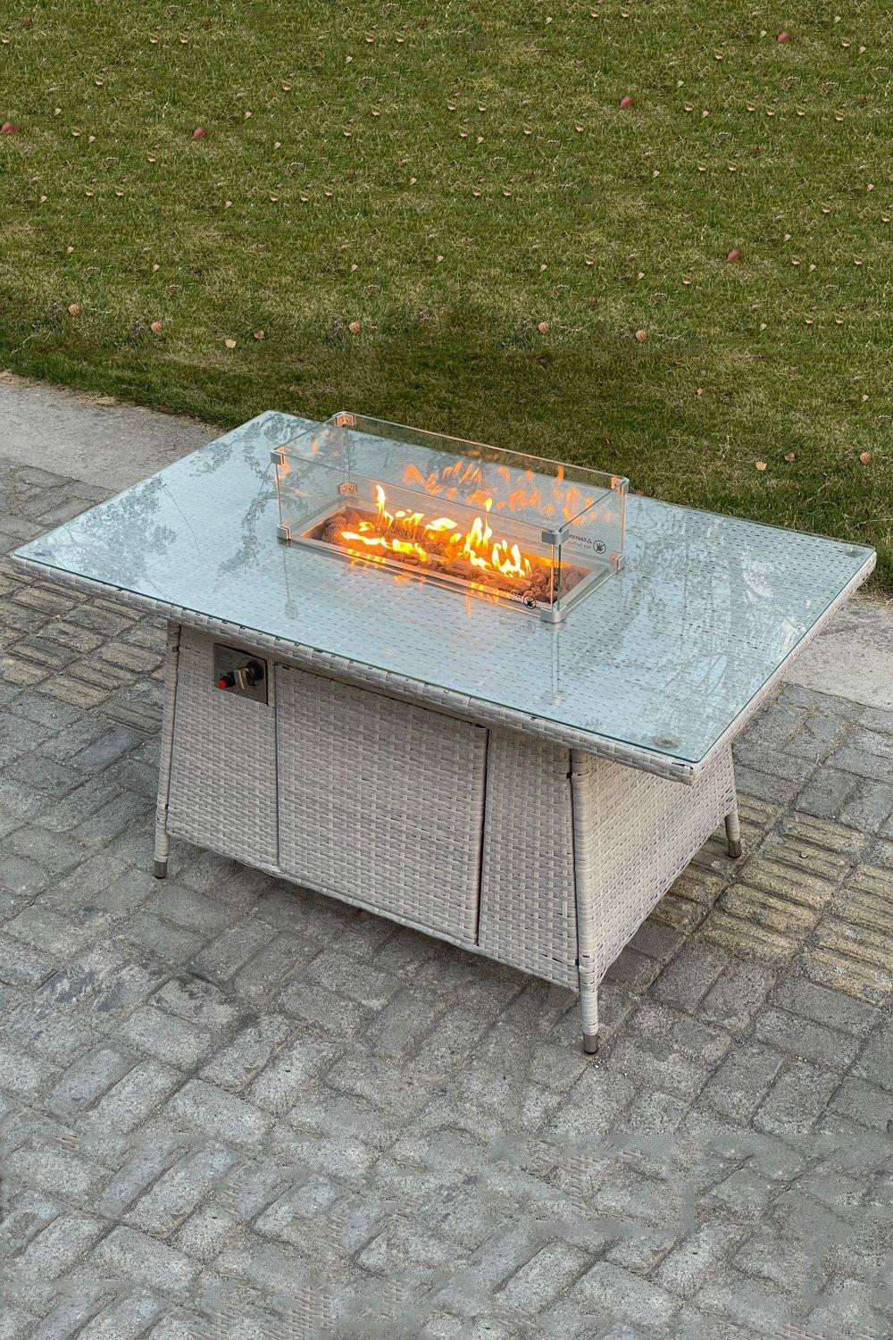 PE Rattan Gas Fire Pit Dining Rectangular Oblong Table Gas Heater Burner